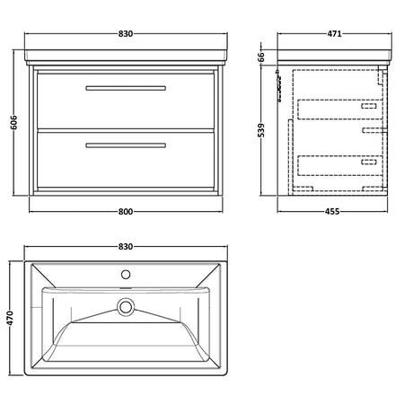 Hudson Reed Lille Wall Hung Double Drawer 800mm Vanity with 1 tap hole Fireclay Basin (1 size, 3 colours) - Brand New Bathrooms