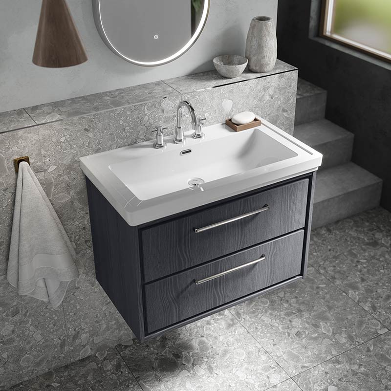 Hudson Reed Lille Wall Hung Double Drawer 800mm Vanity with 3 tap hole Fireclay Basin (1 size, 3 colours) - Brand New Bathrooms