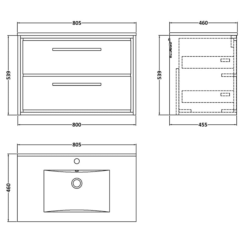 Hudson Reed Lille Wall Hung Double Drawer 800mm Vanity with 1 tap hole Vitreous China Basin (1 size, 3 colours) - Brand New Bathrooms