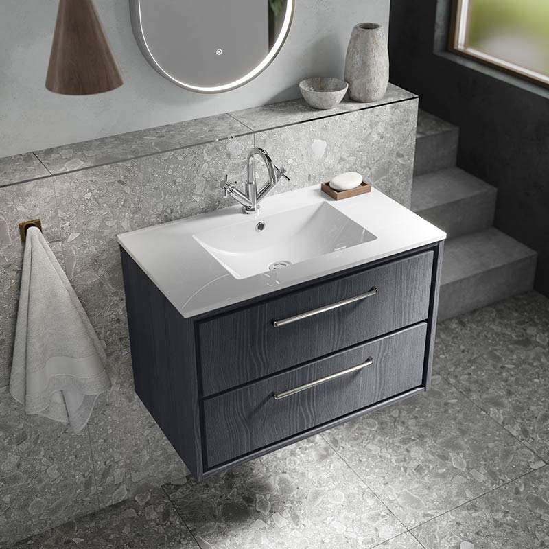 Hudson Reed Lille Wall Hung Double Drawer 800mm Vanity with 1 tap hole Vitreous China Basin (1 size, 3 colours) - Brand New Bathrooms