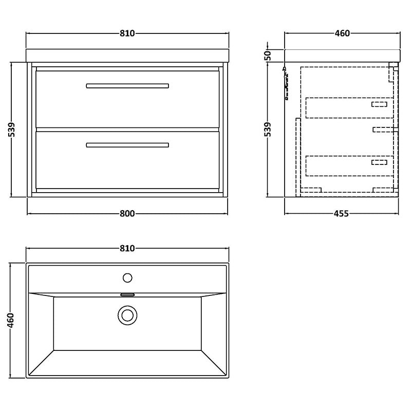 Hudson Reed Lille Wall Hung Double Drawer 800mm Vanity with 1 tap hole Fireclay Basin (1 size, 3 colours) - Brand New Bathrooms