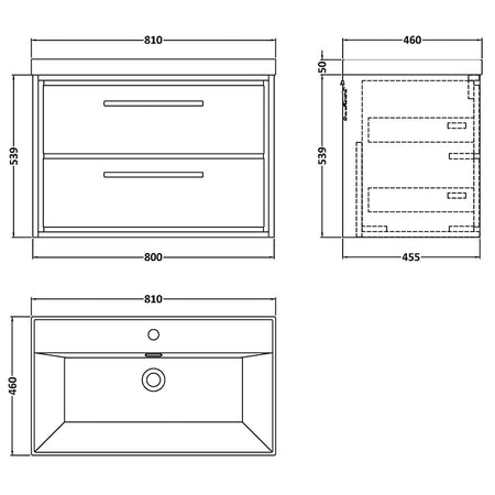 Hudson Reed Lille Wall Hung Double Drawer 800mm Vanity with 1 tap hole Fireclay Basin (1 size, 3 colours) - Brand New Bathrooms