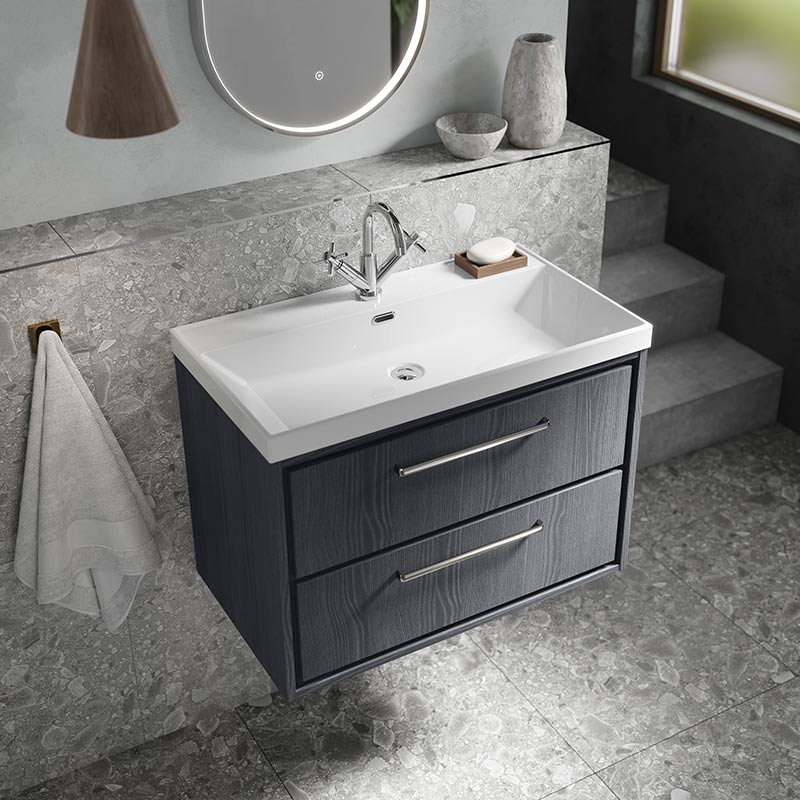 Hudson Reed Lille Wall Hung Double Drawer 800mm Vanity with 1 tap hole Fireclay Basin (1 size, 3 colours) - Brand New Bathrooms