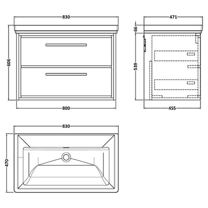 Hudson Reed Lille Wall Hung Double Drawer 800mm Vanity with Fireclay Basin (1 size, 3 colours) - Brand New Bathrooms