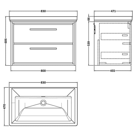 Hudson Reed Lille Wall Hung Double Drawer 800mm Vanity with Fireclay Basin (1 size, 3 colours) - Brand New Bathrooms