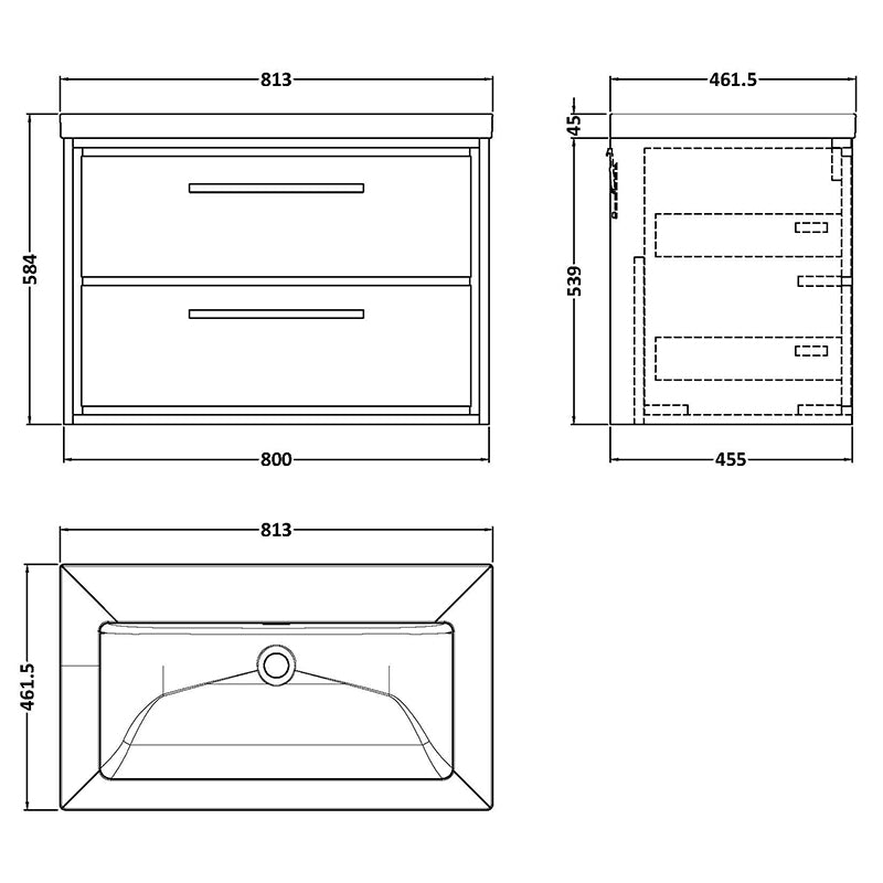 Hudson Reed Lille Wall Hung Double Drawer 800mm Vanity with Fireclay Basin (1 size, 3 colours) - Brand New Bathrooms