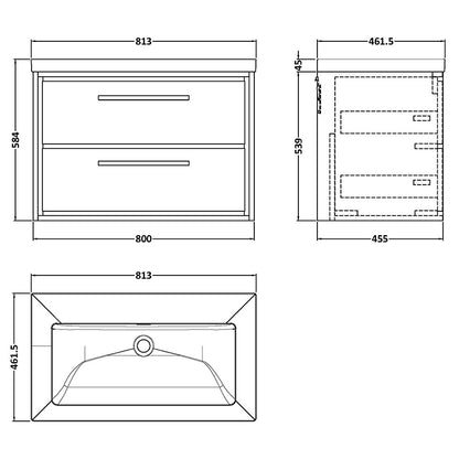 Hudson Reed Lille Wall Hung Double Drawer 800mm Vanity with Fireclay Basin (1 size, 3 colours) - Brand New Bathrooms