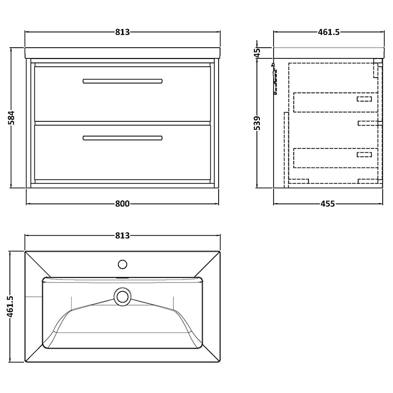 Hudson Reed Lille Wall Hung Double Drawer 800mm Vanity with 1 tap hole Fireclay Basin (1 size, 3 colours) - Brand New Bathrooms