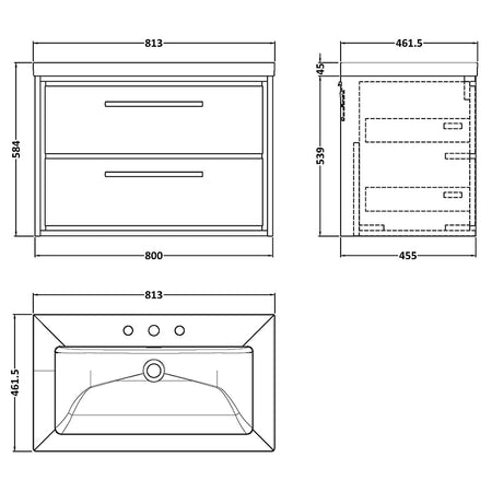 Hudson Reed Lille Wall Hung Double Drawer 800mm Vanity with 3 tap hole Fireclay Basin (1 size, 3 colours) - Brand New Bathrooms