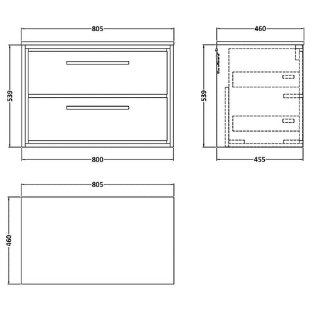 Hudson Reed Lille Wall Hung Double Drawer 800mm Vanity with Matching Worktop (1 size, 3 colours) - Brand New Bathrooms