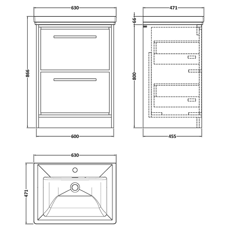 Hudson Reed Lille Floor Standing Double Drawer 600mm Vanity with 1 tap hole Fireclay Basin (1 size, 3 colours) - Brand New Bathrooms
