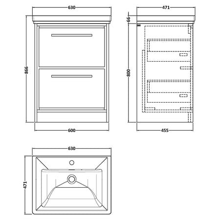 Hudson Reed Lille Floor Standing Double Drawer 600mm Vanity with 1 tap hole Fireclay Basin (1 size, 3 colours) - Brand New Bathrooms