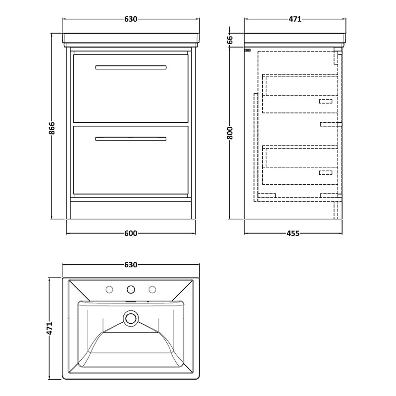 Hudson Reed Lille Floor Standing Double Drawer 600mm Vanity with 3 tap hole Fireclay Basin (1 size, 3 colours) - Brand New Bathrooms