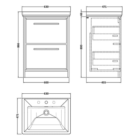Hudson Reed Lille Floor Standing Double Drawer 600mm Vanity with 3 tap hole Fireclay Basin (1 size, 3 colours) - Brand New Bathrooms