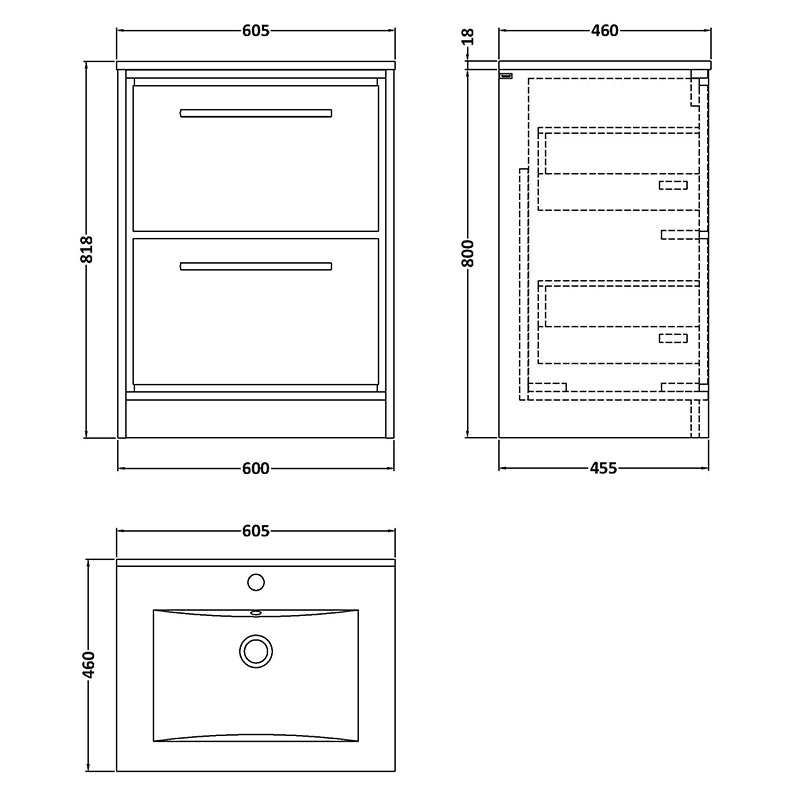 Hudson Reed Lille Floor Standing Double Drawer 600mm Vanity with 1 tap hole Vitreous China Basin (1 size, 3 colours) - Brand New Bathrooms