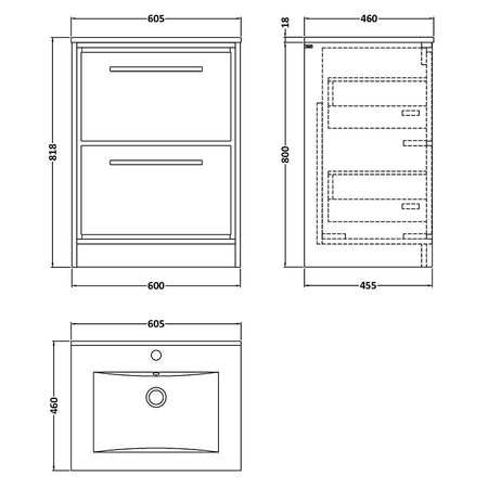 Hudson Reed Lille Floor Standing Double Drawer 600mm Vanity with 1 tap hole Vitreous China Basin (1 size, 3 colours) - Brand New Bathrooms