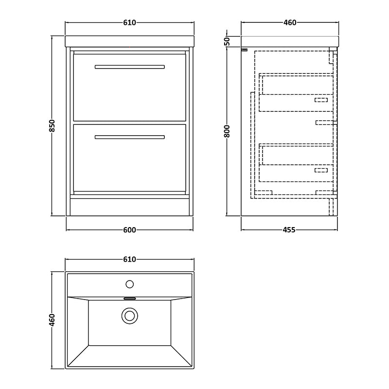 Hudson Reed Lille Floor Standing Two Drawer 600mm Vanity with 1 tap hole Basin (1 size, 3 colours) - Brand New Bathrooms