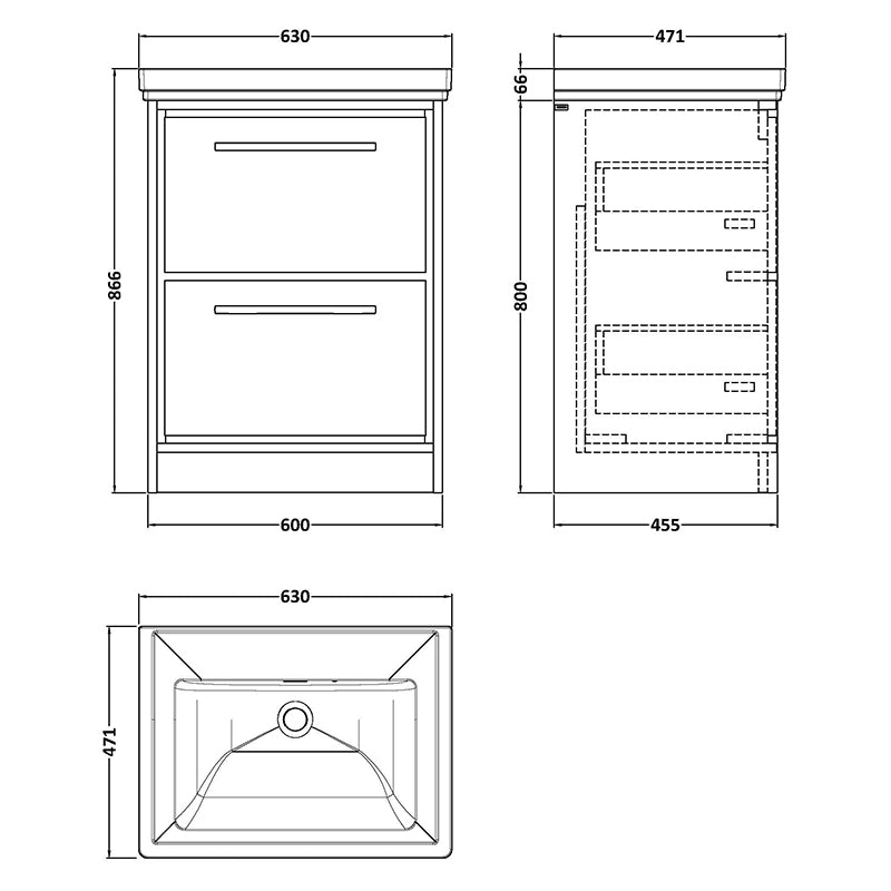 Hudson Reed Lille Floor Standing Double Drawer Vanity with Fireclay Basin (1 size, 3 colours) - Brand New Bathrooms