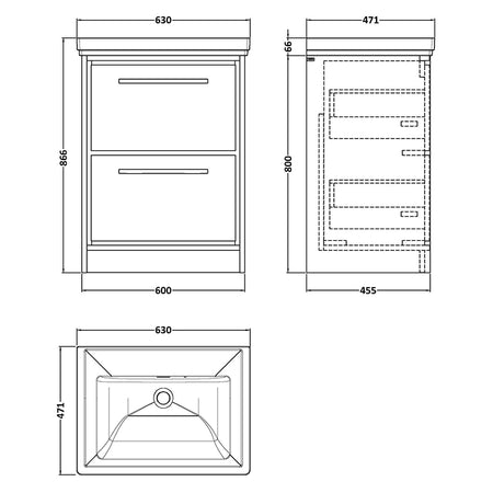 Hudson Reed Lille Floor Standing Double Drawer Vanity with Fireclay Basin (1 size, 3 colours) - Brand New Bathrooms