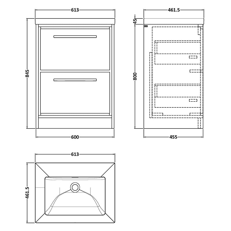 Hudson Reed Lille Floor Standing Double Drawer 600mm Vanity with Fireclay Basin (1 size, 3 colours) - Brand New Bathrooms
