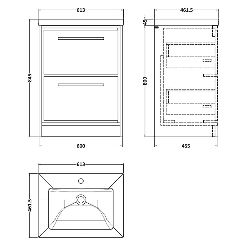 Hudson Reed Lille Floor Standing Double Drawer 600mm Vanity with 1 tap hole Fireclay Basin (1 size, 3 colours) - Brand New Bathrooms