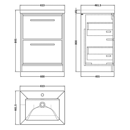 Hudson Reed Lille Floor Standing Double Drawer 600mm Vanity with 1 tap hole Fireclay Basin (1 size, 3 colours) - Brand New Bathrooms