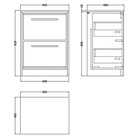 Hudson Reed Lille Floor Standing Double Drawer 600mm Vanity with Matching Worktop (1 size, 3 colours) - Brand New Bathrooms