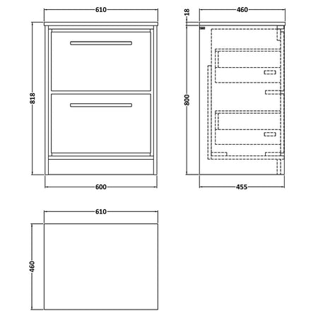 Hudson Reed Lille Floor Standing Double Drawer 600mm Vanity with Marble Worktop (1 size, 3 colours) - Brand New Bathrooms