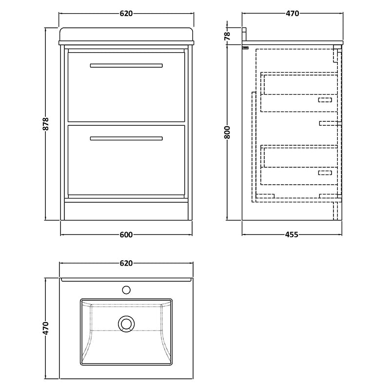 Hudson Reed Lille Floor Standing Double Drawer 600mm Vanity with Marble Worktop Underslung Basin (1 size, 3 colours) - Brand New Bathrooms