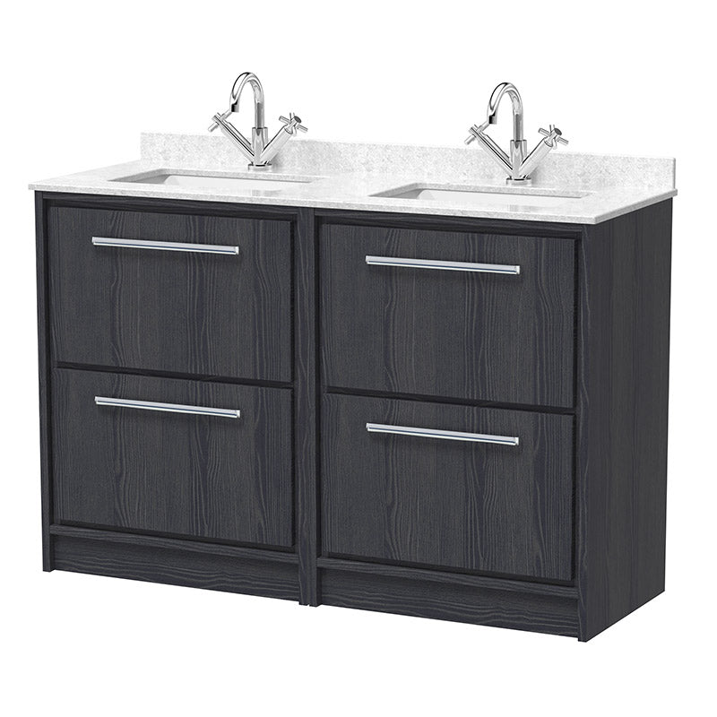 Hudson Reed Lille Floor Standing Four Drawer 1200mm Vanity with Double Marble Worktop Underslung Basins (1 size, 3 colours) - Brand New Bathrooms