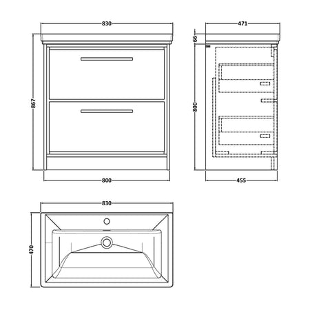 Hudson Reed Lille Floor Standing Double Drawer 800mm Vanity with 1 tap hole Fireclay Basin (1 size, 3 colours) - Brand New Bathrooms