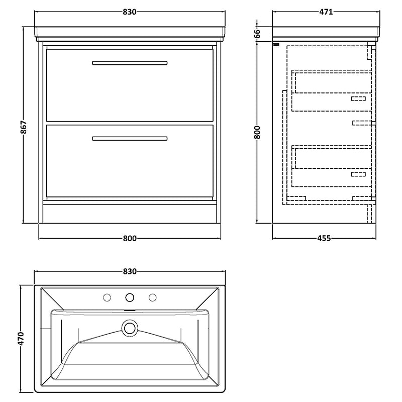 Hudson Reed Lille Floor Standing 2-Drawer Vanity with Basin - 3 Tap Hole (1 size,3 colours) - Brand New Bathrooms