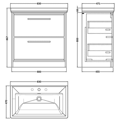 Hudson Reed Lille Floor Standing 2-Drawer Vanity with Basin - 3 Tap Hole (1 size,3 colours) - Brand New Bathrooms