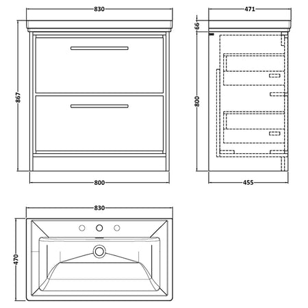 Hudson Reed Lille Floor Standing 2-Drawer Vanity with Basin - 3 Tap Hole (1 size,3 colours) - Brand New Bathrooms