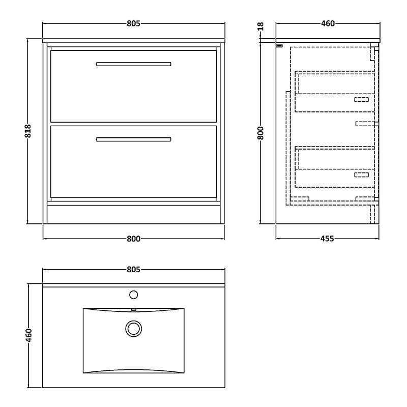 Hudson Reed Lille Floor Standing Double Drawer 800mm Vanity with 1 tap hole Vitreous China Basin (1 size, 3 colours) - Brand New Bathrooms