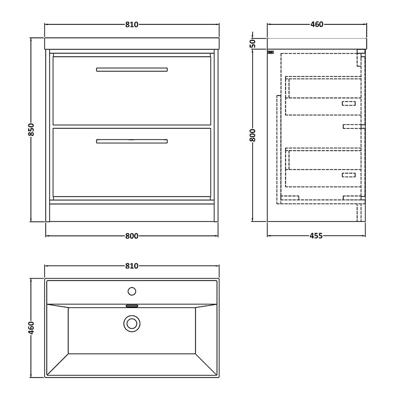 Hudson Reed Lille Floor Standing Double Drawer 800mm Vanity with 1 tap hole Vitreous China Basin (1 size, 3 colours) - Brand New Bathrooms