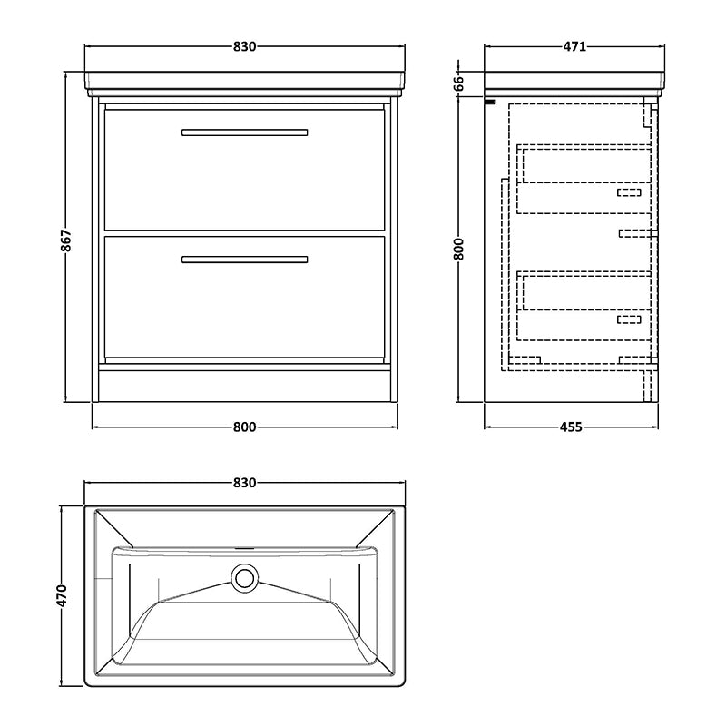 Hudson Reed Lille Floor Standing Double Drawer 800mm Vanity with Fireclay Basin (1 size, 3 colours) - Brand New Bathrooms