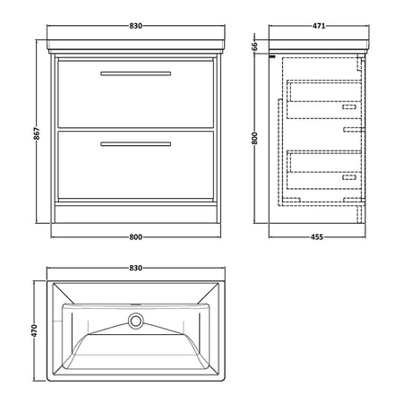 Hudson Reed Lille Floor Standing Double Drawer 800mm Vanity with Fireclay Basin (1 size, 3 colours) - Brand New Bathrooms