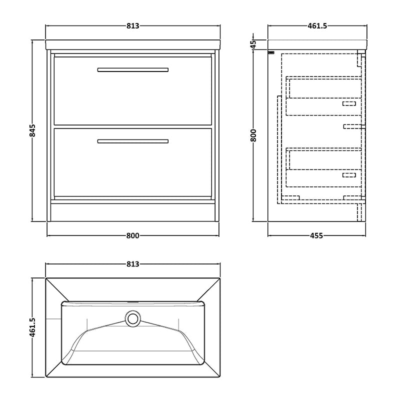 Hudson Reed Lille Floor Standing Double Drawer 800mm Vanity with Fireclay Basin (1 size, 3 colours) - Brand New Bathrooms