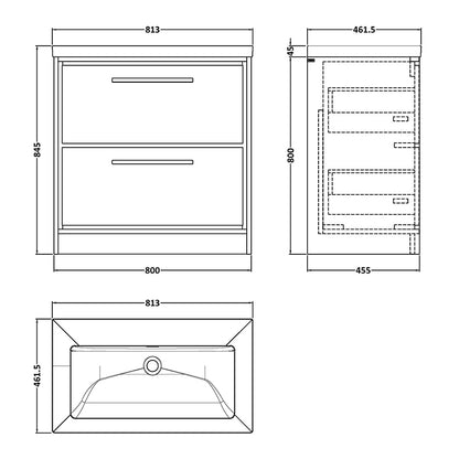 Hudson Reed Lille Floor Standing Double Drawer 800mm Vanity with Fireclay Basin (1 size, 3 colours) - Brand New Bathrooms