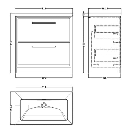 Hudson Reed Lille Floor Standing Double Drawer 800mm Vanity with Fireclay Basin (1 size, 3 colours) - Brand New Bathrooms