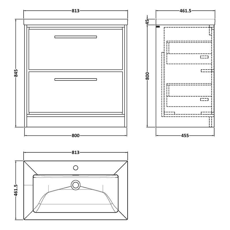 Hudson Reed Lille Floor Standing Double Drawer 800mm Vanity with 3 tap hole Fireclay Basin (1 size, 3 colours) - Brand New Bathrooms