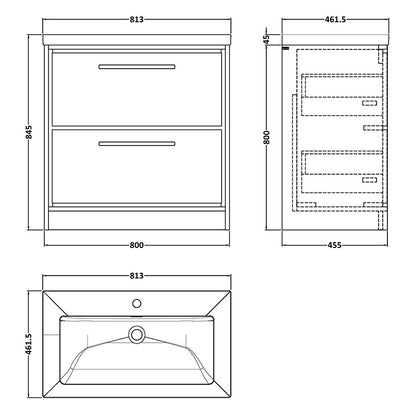 Hudson Reed Lille Floor Standing Double Drawer 800mm Vanity with 3 tap hole Fireclay Basin (1 size, 3 colours) - Brand New Bathrooms