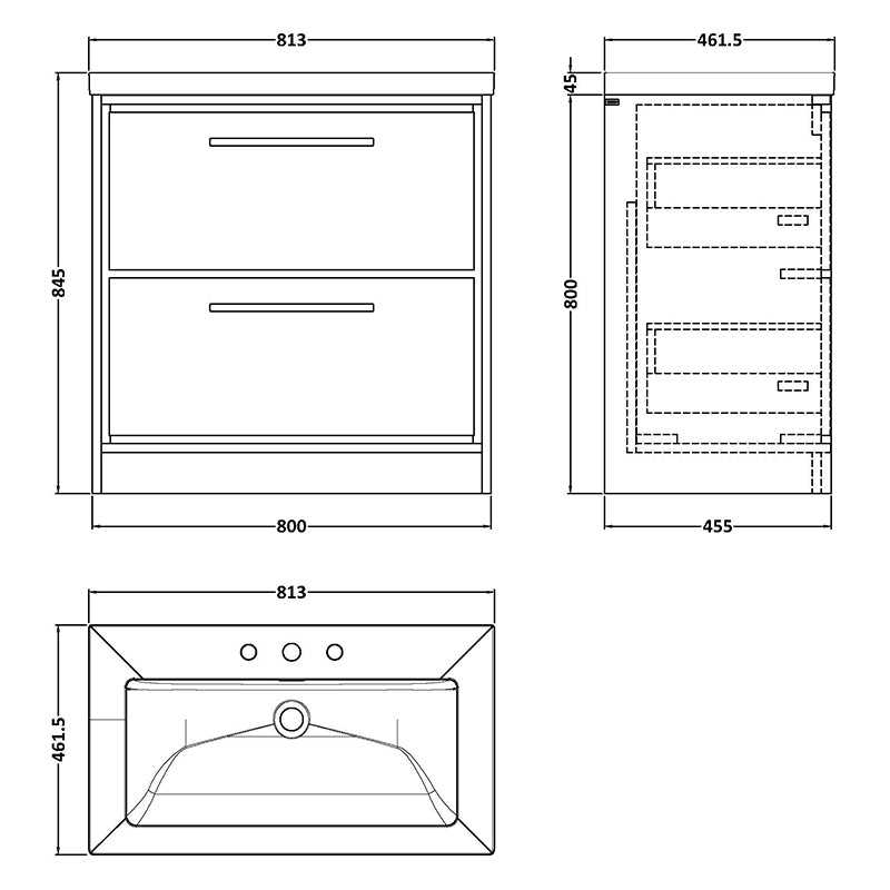 Hudson Reed Lille Floor Standing Double Drawer 800mm Vanity with 3 tap hole Fireclay Basin (1 size, 3 colours) - Brand New Bathrooms