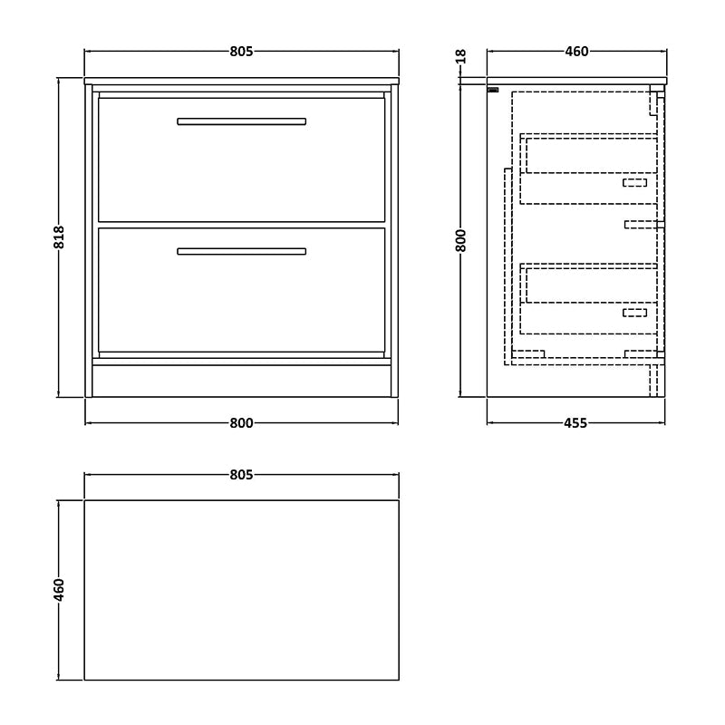 Hudson Reed Lille Floor Standing Double Drawer 800mm Vanity with Matching Worktop (1 size, 3 colours) - Brand New Bathrooms
