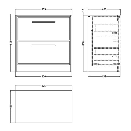 Hudson Reed Lille Floor Standing Double Drawer 800mm Vanity with Matching Worktop (1 size, 3 colours) - Brand New Bathrooms
