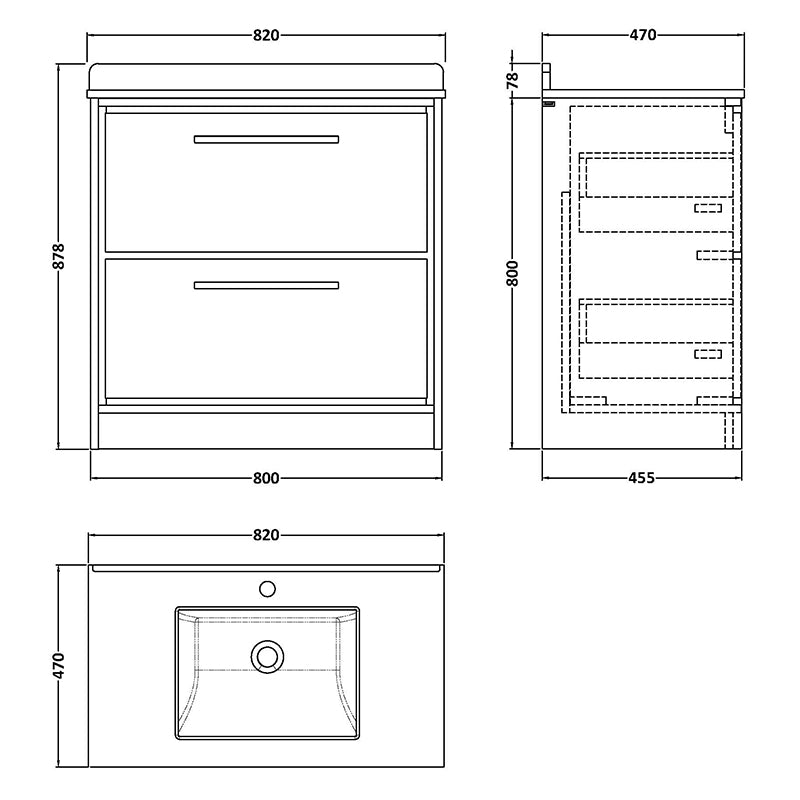 Hudson Reed Lille Floor Standing Double Drawer 800mm Vanity with Marble Worktop Underslung Basin (1 size, 3 colours) - Brand New Bathrooms