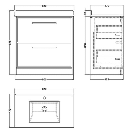 Hudson Reed Lille Floor Standing Double Drawer 800mm Vanity with Marble Worktop Underslung Basin (1 size, 3 colours) - Brand New Bathrooms
