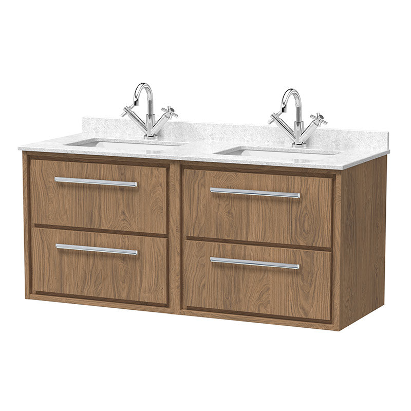 Hudson Reed Lille Wall Hung Four Drawer 1200mm Vanity with Marble Worktop & Double Underslung 1 tap hole Basins (1 size, 3 colours) - Brand New Bathrooms