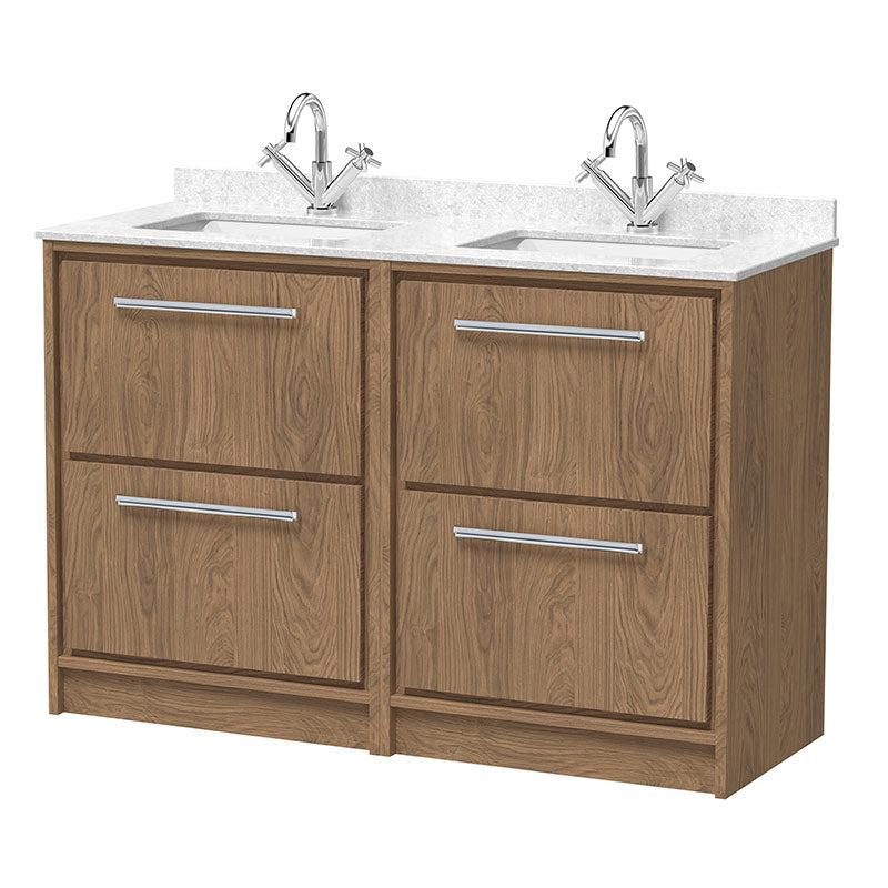 Hudson Reed Lille Floor Standing Four Drawer 1200mm Vanity with Double Marble Worktop Underslung Basins (1 size, 3 colours) - Brand New Bathrooms